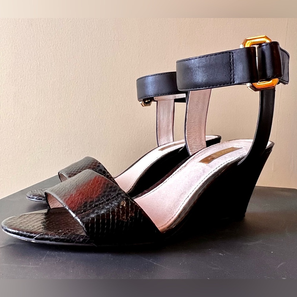Louise et Cie Black Snake Skin Pattern Wedge Sandal with Ankle Strap